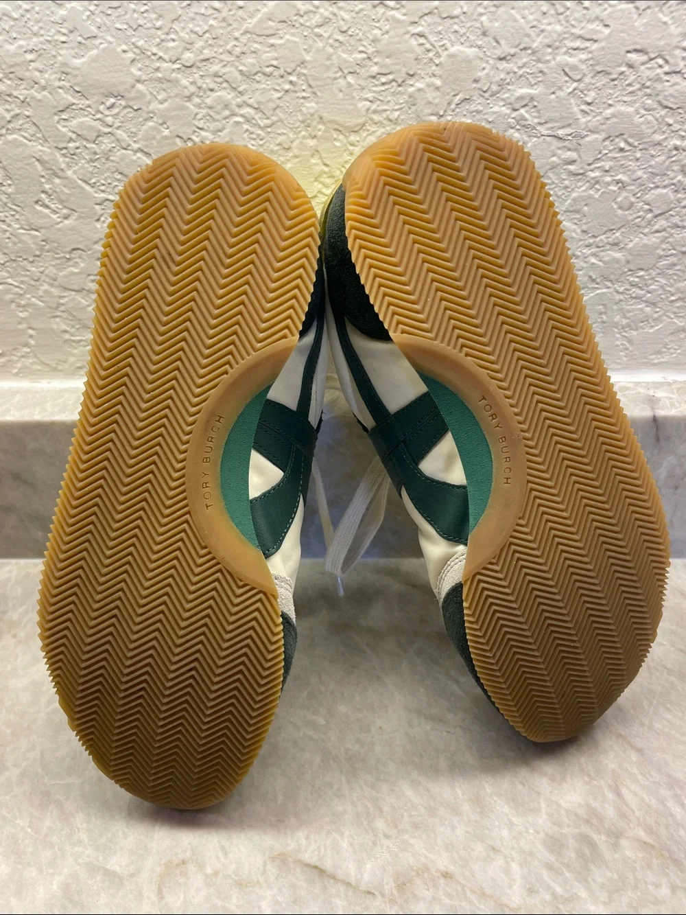 Tory Burch Green, White and Yellow Suede-Trim Lace-Up Sneakers